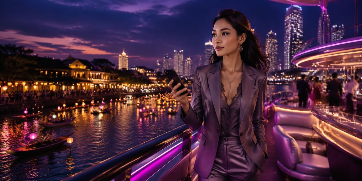 Không gian giải trí VIP về đêm tại Sài Gòn với ánh đèn neon rực rỡ và không khí casino sôi động